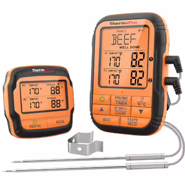 ThermoPro TP27C 150m Wireless Meat Thermometer with Meat/Roast Thermometer, IPX4 Waterproof, Large LCD Display, Kitchen Thermometer for BBQ, Gas Grill, Dutch Oven (2 Probes)