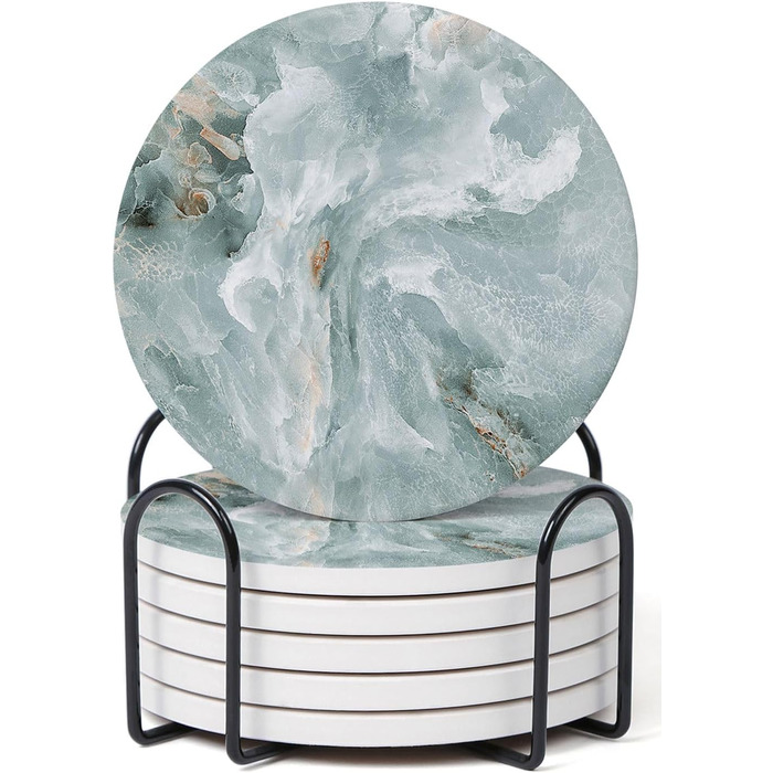 Set of 6 abstract dark blue marble coasters with holder, absorbent ceramic coasters for drinks, coasters with cork backing for table protection, housewarming gifts (Abstract Green Marble)
