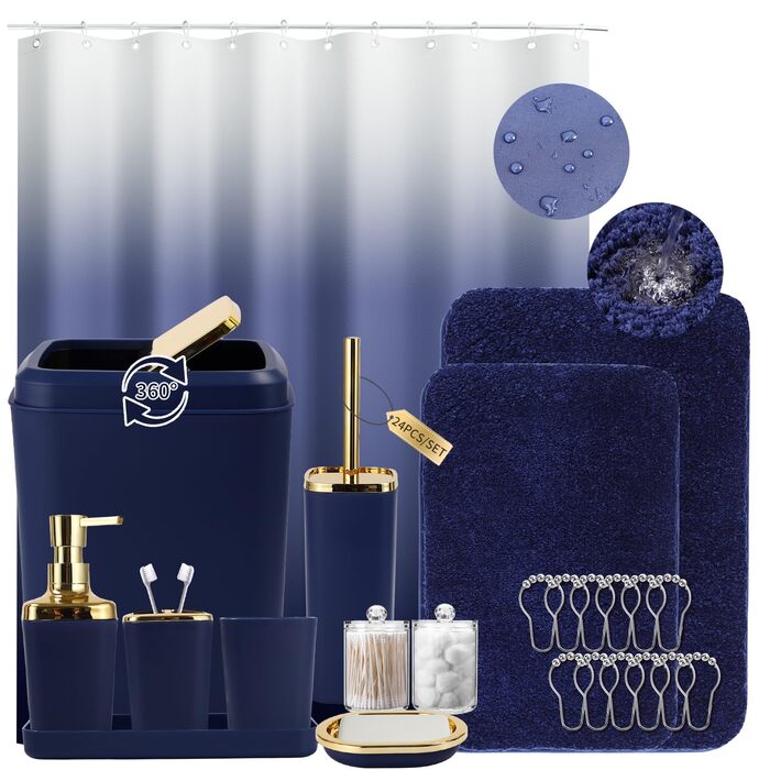 Набір аксесуарів для ванної кімнати темно-зелений (24 шт.) з душовою завісою та килимками, Mülleimer, тримач для зубних щіток, попільничка, дозатор мила, піднос, мильниця, щітка для унітазу, тримач для ватних паличок