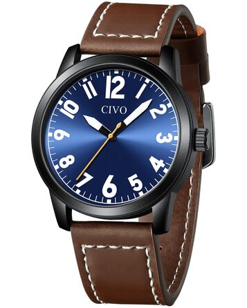 Годинник чоловічий CIVO з великими цифрами: аналоговий класичний годинник на зап'ясті з великими цифрами - водонепроникний кварцовий годинник у стилі мілітарі для чоловіків з підсвічуванням - подарунок для чоловіків, людей похилого віку з поганим зором, коричневий A1
