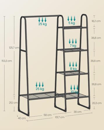 Вішалка для одягу SONGMICS, металевий стелаж з 5 полицями, 40×101,7×153,3 см, для спальні, вітальні, передпокою, білий/чорний