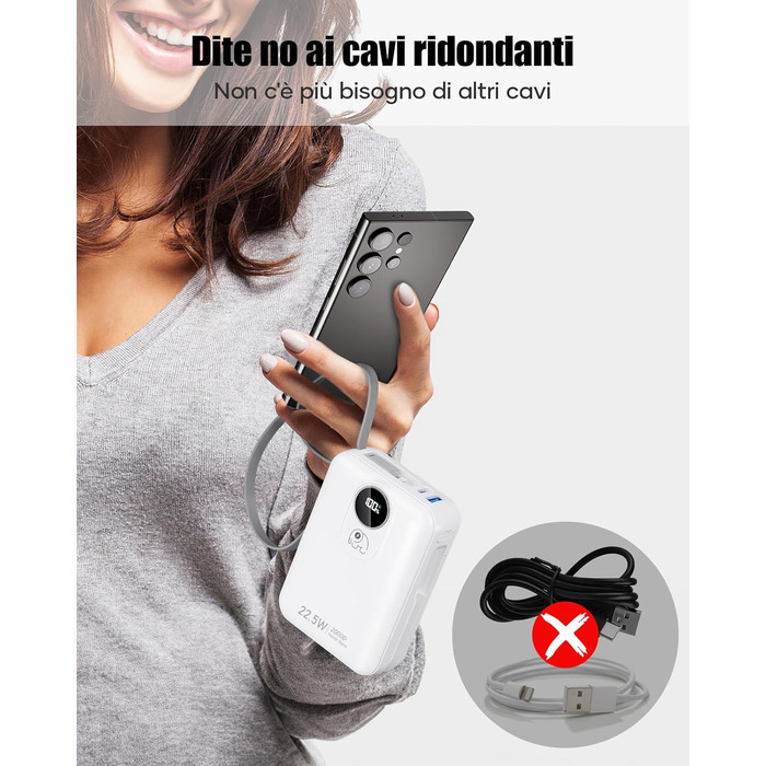 Powerbank 20000 mAh з вбудованими кабелями: акумулятор для телефону з 22,5 Вт швидкою зарядкою, USB-C (вхід та вихід), портативний зарядний пристрій з 4 виходами та 2 входами