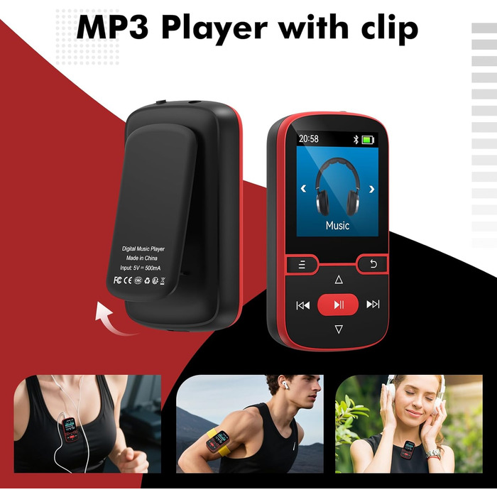 MP3 плеєр 64GB Bluetooth 5.3 з кліпсою, Hi-Fi, для спорту, з FM-радіо, диктофоном, крокоміром, підтримка картки до 128GB, червоний