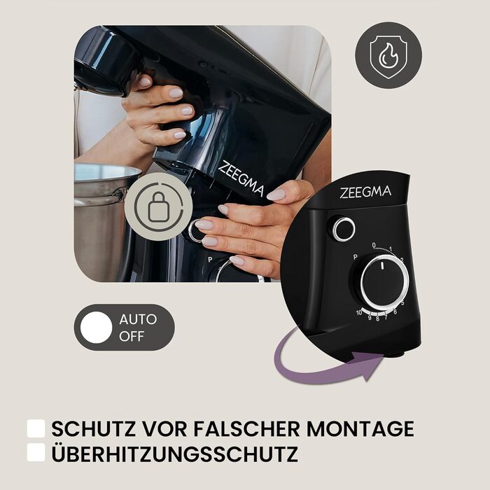 Кухонний комбайн ZEEGMA PLANEET EASY 1500W, 5.2 л, 10 швидкостей, з набором насадок (міксер, гачок, вінчик), чорний