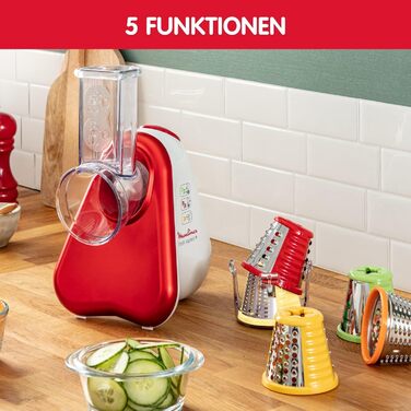 Moulinex DJ756G Fresh Express Plus: електричний овочевий слайсер та тертка, 5 насадок, 200W, червоно-білий