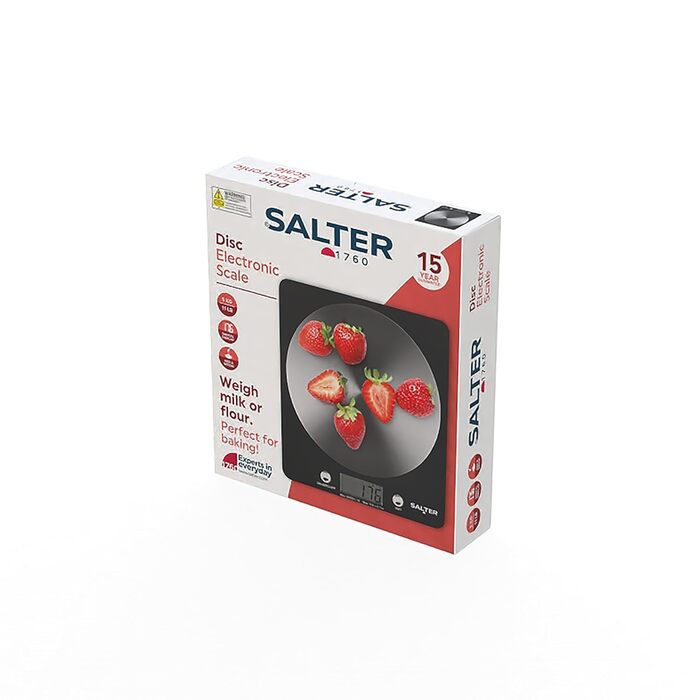 Кухонні ваги Salter 1036 BKSSDR: цифрові, 5 кг, з функцією тарування, нержавіюча сталь, LCD-дисплей, вимірювання рідин (ml/fl.oz)