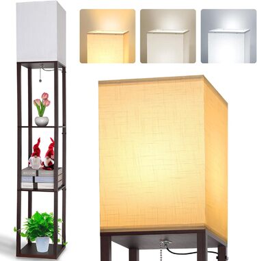 Світлодіодна торшер з дерева, 1.6м, з цоколюванням E27 (3000K-5000K), ретро торшер з 3 полицями, 3 колірні температури, настільна лампа з абажуром для спальні, кута, вітальні, офісу (коричневий)