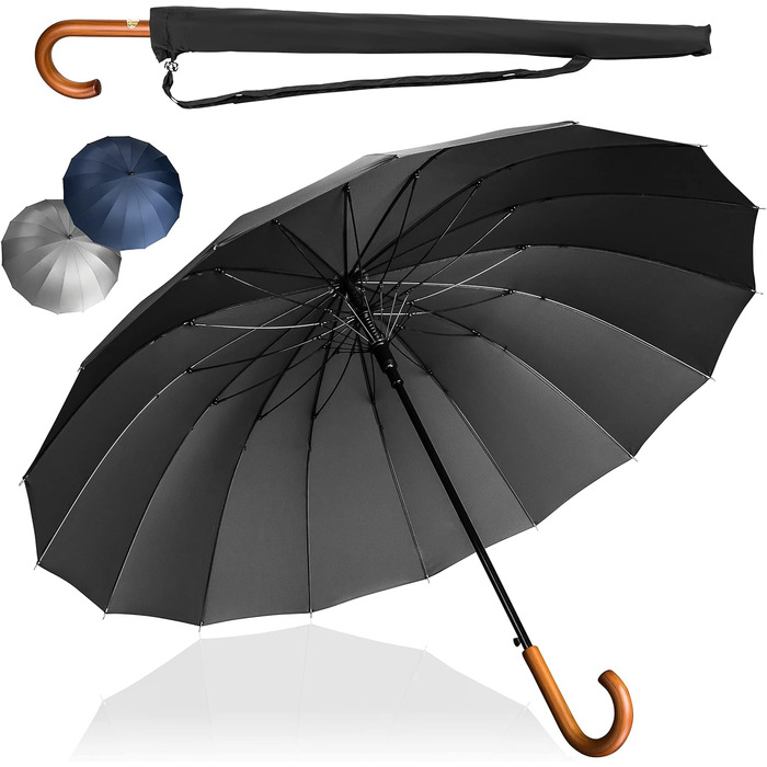 Edinburgh Windproof Umbrella - Large 16-Rib Black Umbrella with Wooden Handle & Silent Tip - LOGAN & BARNES