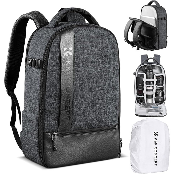 Рюкзак для камери K&F Concept 18L сірий/чорний з відділенням для ноутбука 15.6 дюймів, водонепроникний, для DSLR/штатива/аксесуарів