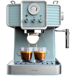 Еспресо-кавомашина Cecotec Express-Kaffeemaschine Power Espresso 20 Tradizionale Light Blue, 1350 Вт, 20 Bar, з термоблоком, давильною трубкою, манометром, 1,5 л, блакитний, для приготування еспресо та капучино, вінтажний дизайн