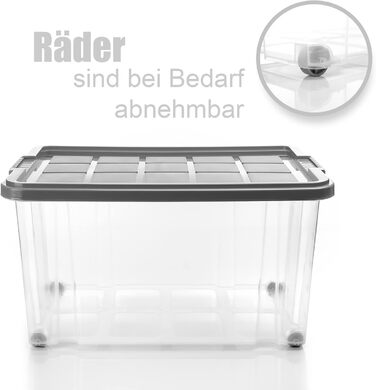 BigDean 4-Piece 60L Storage Box with Lid, Large Steel Grey - Stackable, Robust Box, BPA-Free - Rollable Storage Box with Secure Click Closures - Made in Germany