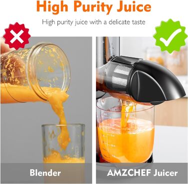 AMZCHEF Juicer for Vegetables and Fruits - Slow Juicer with Reverse-Chewing Function - Gentle Crushing without Filtering - Electric Juicer with Brush and 2 Cups - Rojo