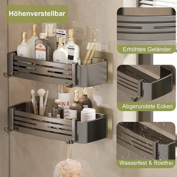 Кутова полиця для душу Sufdari без свердління, водонепроникна та антикорозійна підставка для шампуню та гелю для душу в ванну кімнату або кухню, прямокутна (1 шт.)