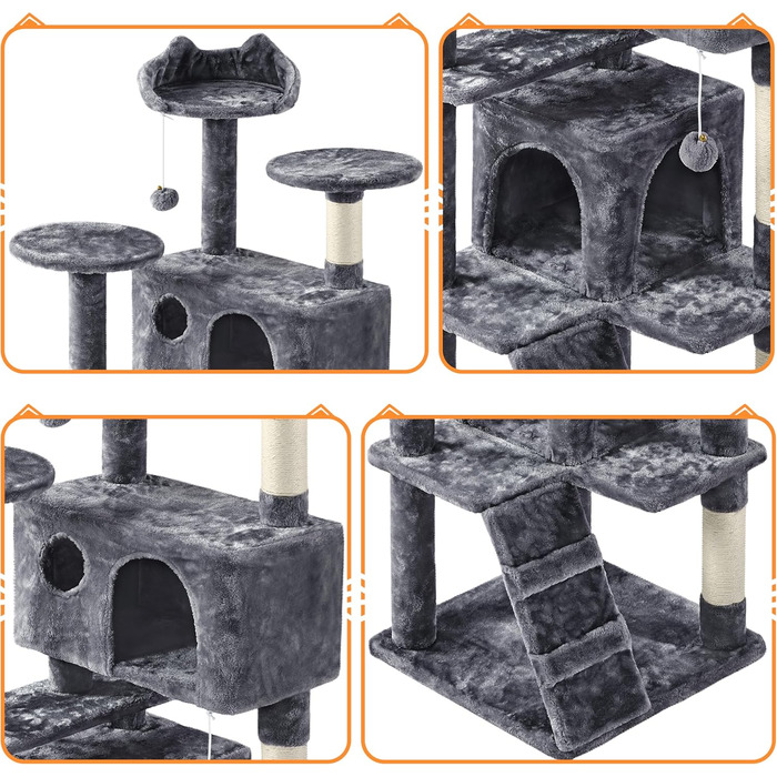 Кігтеточка для котів Yaheetech, велика, 158 см, з 3 платформами, 3 стовпчиками для заточування, 2 будиночками, м'ячиками, сірого кольору