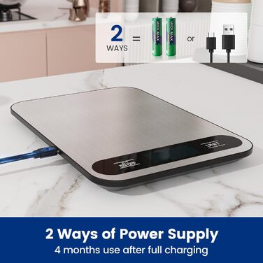 Кухонні ваги цифрові, USB-C, 15 кг, точність 1 г, срібні (з батарейками AAA)
