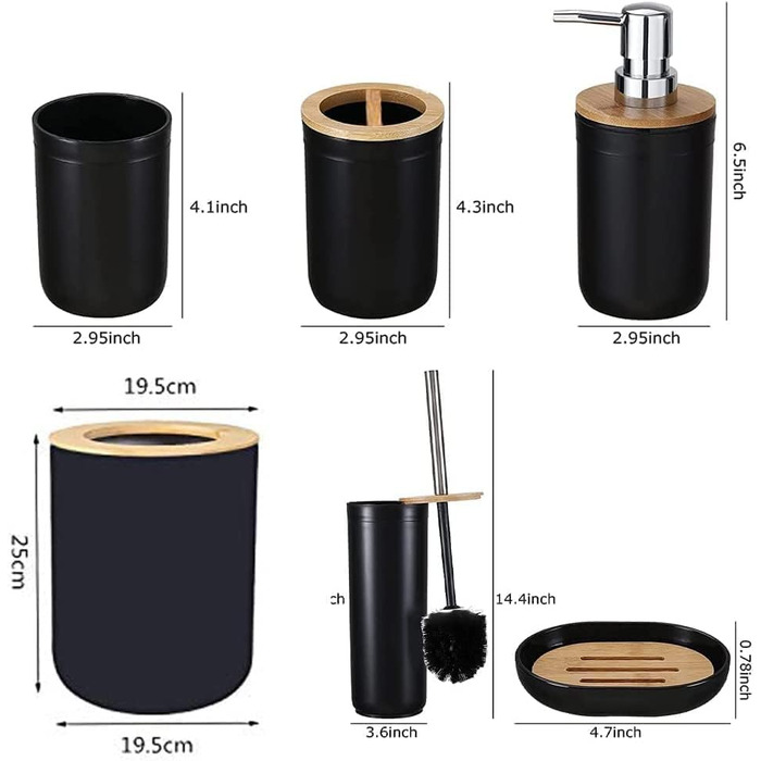 Набір аксесуарів для ванної кімнати з бамбука (6 шт.), чорний: щітка для унітазу, дозатор мила, стаканчик для зубних щіток, мильниця, сміттєвий бачок