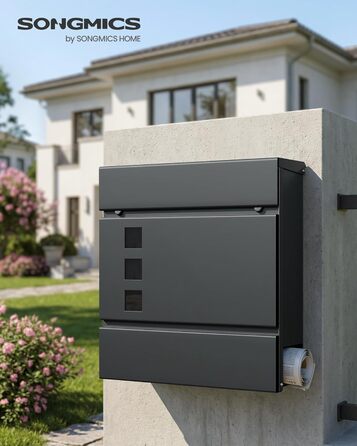 Поштовий ящик SONGMICS XXL з газетницею, антрацит, 37x37x10.5 см, з ключем, захист від реклами, сучасний, для дому та саду