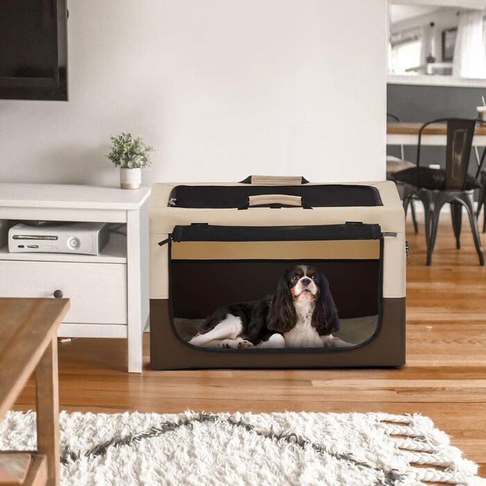 Клітка для собак Petsfit, складана, для середніх та маленьких собак, для дому, транспортування, з регульованим дизайном, з міцними сітчастими вікнами та м'якою підстилкою (61 x 46 x 43 см, колір кава)