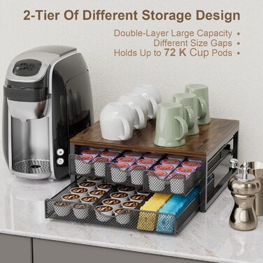 Диспенсер для кавових капсул K-Cup на стійку, дерев'яний органайзер для кави з 3 висувними ящиками (Антик)