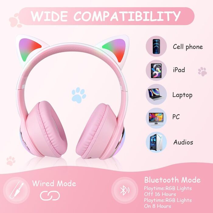 Дитячі навушники AXFEE з Bluetooth, котячі вушка, LED-підсвічування, Over-Ear, стерео, бездротові, з мікрофоном, Micro SD/TF, для телефону/планшета/ПК