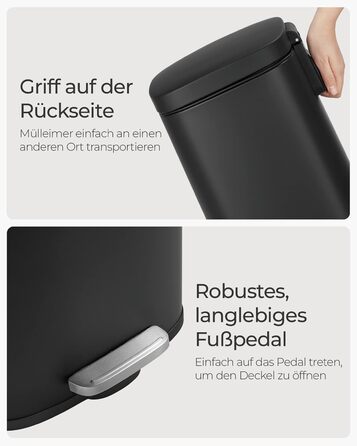 Відро для сміття SONGMICS 30 л, сталеве, з м'яким закриттям, з внутрішнім відром, чорне