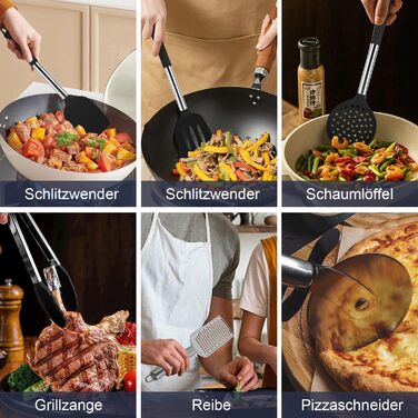 Набір кухонних помічників 45 предметів: силіконове кухонне приладдя, тримач, вінчик з нержавіючої сталі, половник, лопатка, придатне для миття в посудомийній машині, чорний