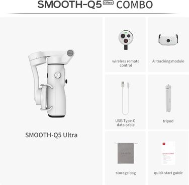 ZHIYUN Smooth Q5 Ultra Combo: Стабілізатор для смартфона з AI-трекінгом, керуванням голосом, пультом ДУ та світлом, 13.5год роботи, 3-осьовий