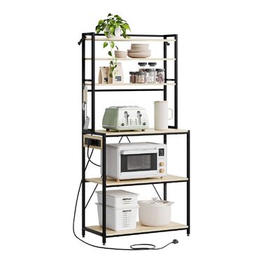 Кухонна полиця WOLTU з 6 ярусами, з розетками, мікрохвильова полиця з 6 гачками, полиця для пекаря з металевим каркасом, регульовані полиці, Чорний+Рустикальне коричневе, 60 x 167 x 40 см (Чорний+світлий дуб, 80 x 39,5 x 167 см)