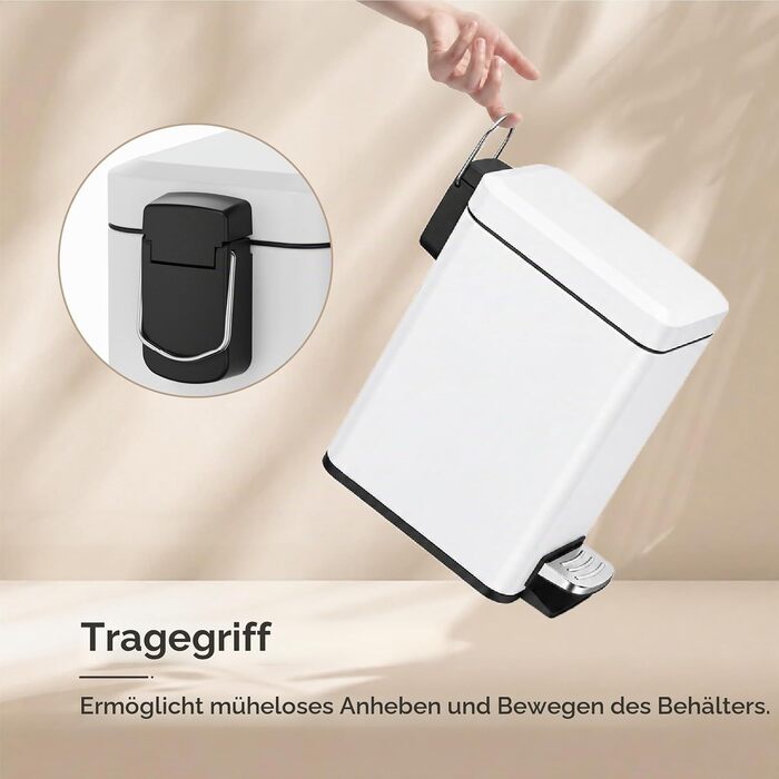 Сміттєвий кошик для ванної кімнати з педаллю та Soft-Close кришкою, 5 л, з виймаю одним внутрішнім відром, компактний смітник для кухні та спальні, чорний/білий