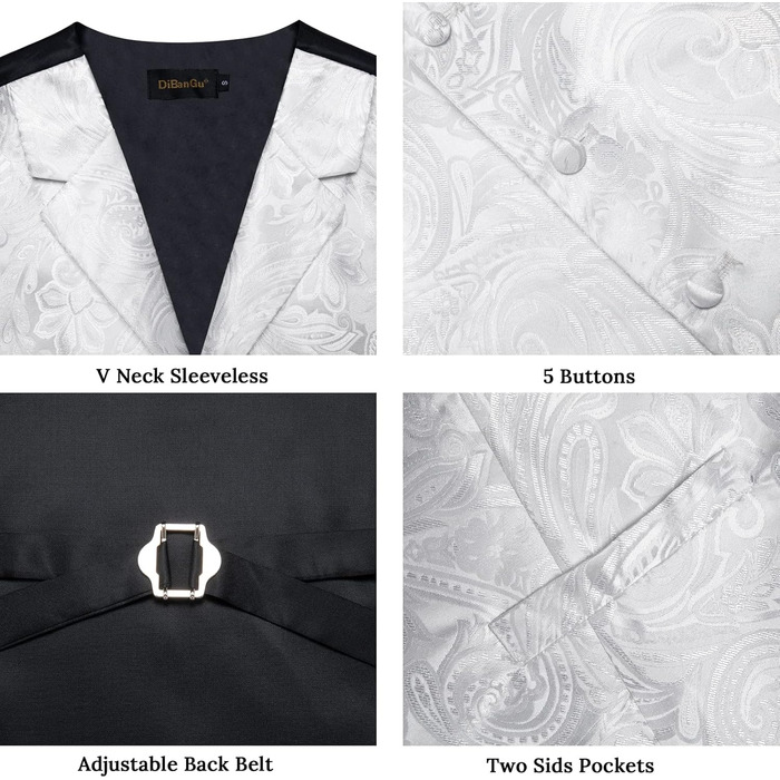 Набір краватка, жилет, нагрудна хустинка, запонки та лапільєрний шпилька Dibangu для весілля та свят (7 шт., шовк, Paisley)