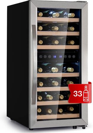Klarstein 33-Bottle Wine Refrigerator - 2 Zone Freestanding Wine Cooler with Glass Door, Indoor/Outdoor Beersafe, LED Lighting, 5-18°C - Silver/Black