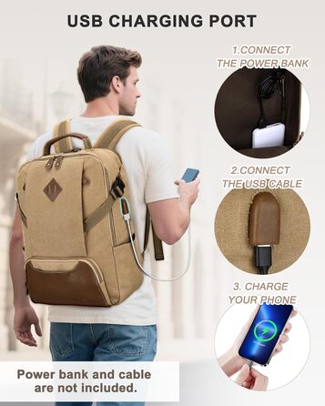 Чоловічий рюкзак для ноутбука 15.6 дюймів, Vintage, водонепроникний, з USB-портом, для подорожей, роботи та навчання (Хакі)