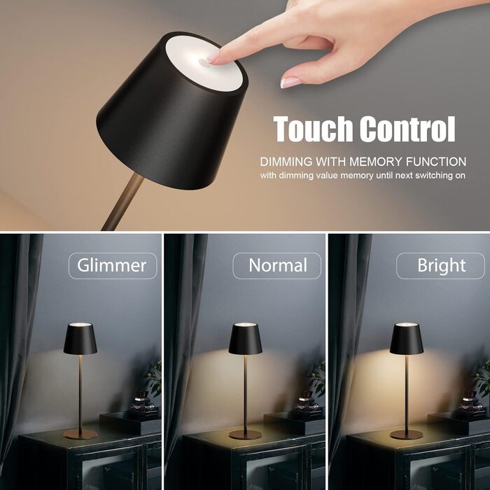 Klighten 2 шт. LED акумуляторні диммерні настільні лампи бездротові, перезаряджаються, тепле світло 3000K, для внутрішнього та зовнішнього використання, з USB-C, алюміній, водонепроникні IP54, чорні (2 шт.)