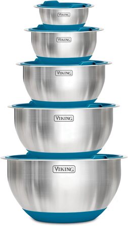 Набір місок Viking, 10 шт., з нержавіючої сталі, для кухні, приготування їжі, силіконове дно, кришки, миється в посудомийній машині, блакитний