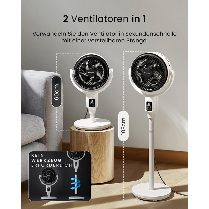 Standventilлятор Pro Breeze AirFlo 109 см з пульт. керування та LED-дисплеєм – 2 режими, гойдання, 29 дБ, регулювання висоти, енергоефективний для спальні, офісу та дому.