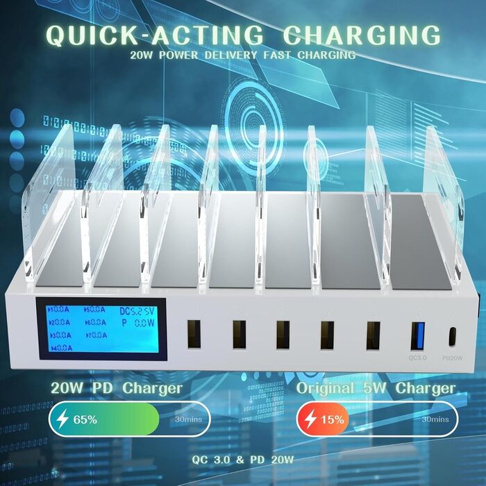 Зарядний пристрій Schnellladestation PD20W QC3.0 7-в-1 з LCD дисплеєм, USB-хаб для iPhone, iPad, Samsung, Huawei (Чорний)