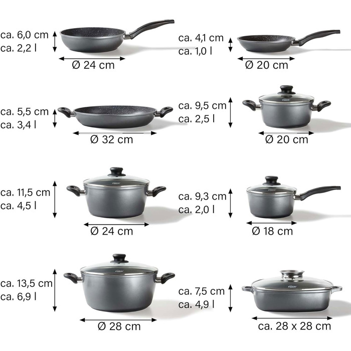STONELINE Induction Cookware Set, 13-piece cookware set with lids, saucepan set coated with real stone particles, cast aluminum pots and pans suitable for all cooktops