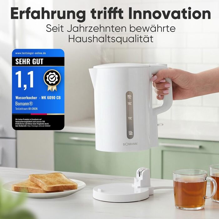 Електричний чайник Bomann WK 6090 CB (1,7л, 2200W, білий) з нержавіючої сталі, BPA Free, з індикатором рівня води та захистом від перегріву