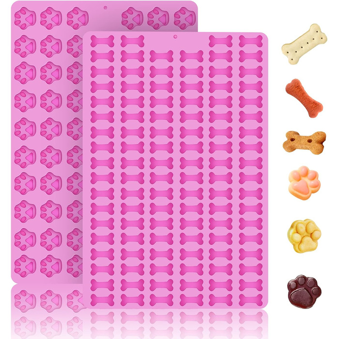 2 Pack Mini Silicone Molds, Cookie Molds for Dog Bones, 69 Cavities, Silicone Mold for Baking Cookies, Biscuits, Candy, Chocolate, Jellies, Dog Treats (Mini Dog Bones + Dog Paw)