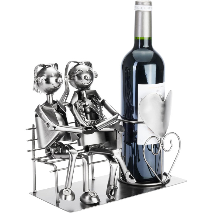 BRUBAKER Bottle Holder Men Loving Couple on Bench - Wine Bottle Holder Silver - Metal Bottle Stand Love - Metal Sculpture Gift for Married Couples with Gift Card (Woman + Man)