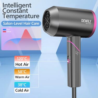Складаний фен DEWILY Profi: потужний, тихий, для подорожей, 3 режими, 2 насадки (сірий)