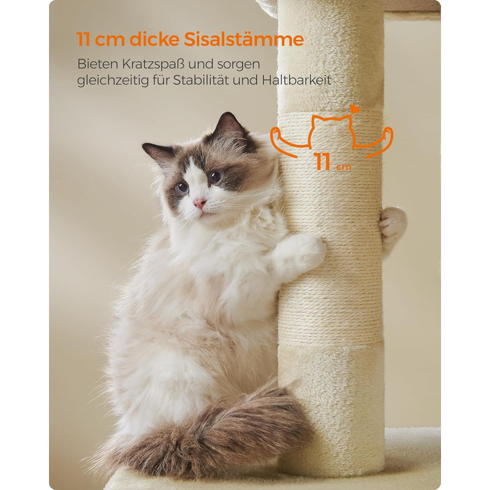 Feandrea Cat Tree, 84 cm Cat Tree, L, Cat House for Large Cats up to 7 kg, Large Platform, 2 Cat Caves, Sisal Posts, PCT61W (XL (68 x 48 x 101 cm), Beige)