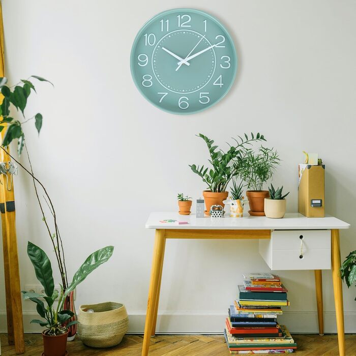 HZDHCLH Wall Clock Silent No Ticking 25 cm Easy to Read Clock for Kitchen, Living Room, Bedroom, Bathroom, Home Office (Green and White)