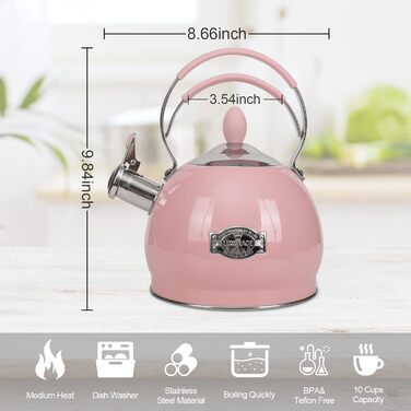 Ретро чайник-свисток 2.6L рожевий: чайник для води, чайник для чаю | Vintage Kettle