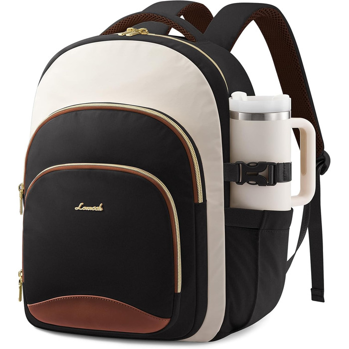 LOVEVOOK Рюкзак для жінок, 15.6 дюймів, водонепроникний, для школи, підлітка, елегантний, для роботи, навчання, подорожей, універсальний, чорно-бежево-коричневий