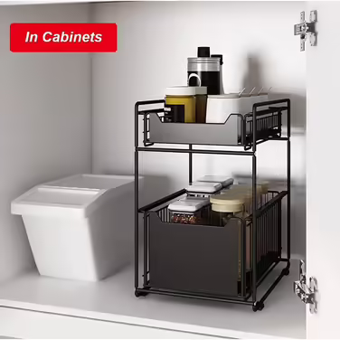 Under-Cabinet Organizer with 2 Levels, Adjustable Height, with Wooden Handle, Pull-Out Metal Basket for Kitchen and Bathroom (White)