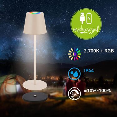 LED настільна лампа BRILONER з сенсорним керуванням, диммуванням, регулюванням висоти, акумулятор, для дому та кемпінгу, 36x10,5 см, тепле світло (RGB + тепле світло + зарядний пристрій), бежевий