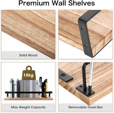 Настінна полиця з дерева, 2 шт. у наборі, рустикальний стиль, з тримачем для рушників, світло-коричневого кольору, для спальні, вітальні, ванної кімнати, кухні, офісу