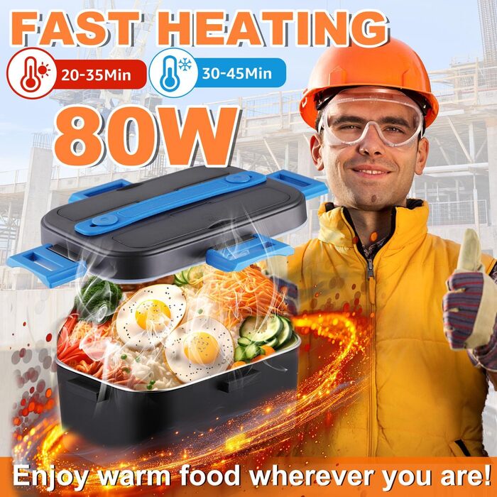 Електрична ланч-бокс Kimfead з індикатором температури, 1.8L, 80W, 12V/24V/230V, з сумкою та столовим прибором, для авто/вантажівки/офісу (синій індикатор температури)