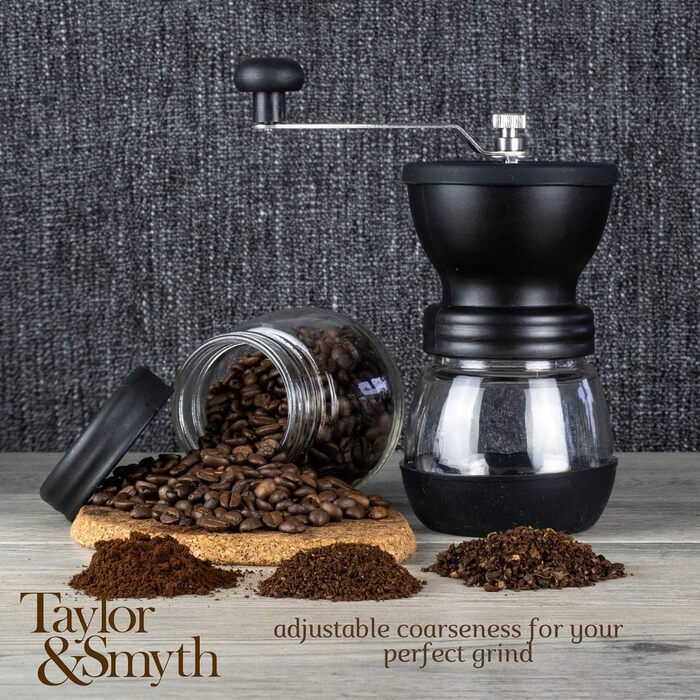 Кавомолка Taylor & Smyth: портативна, керамічні жорна, регулювання помелу, для дому, офісу та відпочинку